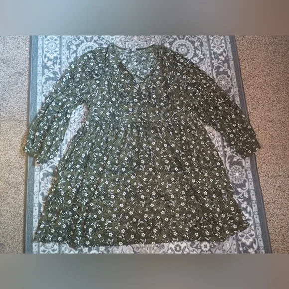 Old Navy Peasant Dress XL Mini Green Floral Balloon Sleeve Boho Forest Fairy - Picture 2 of 13